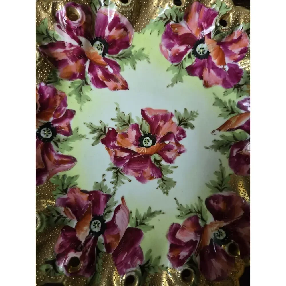 Vintage Kioto Winseluck Japan 12” Porcelain Floral Plate Hand Painted Gold Pierc